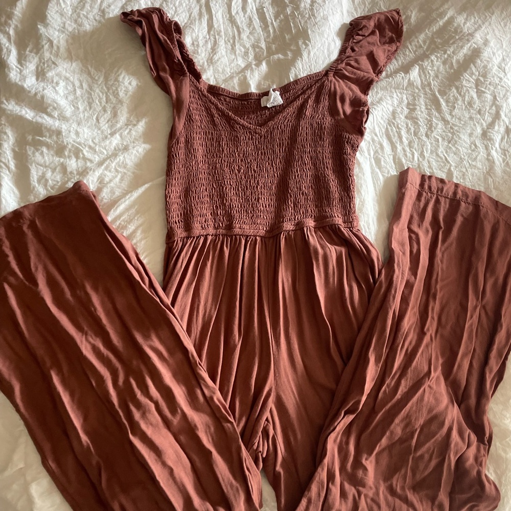 Japna Terracotta Brown Textured Jumpsuit with Pockets